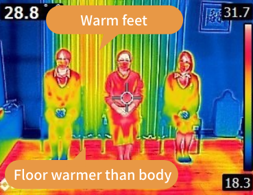 Warm feet.Floor warmer than body.